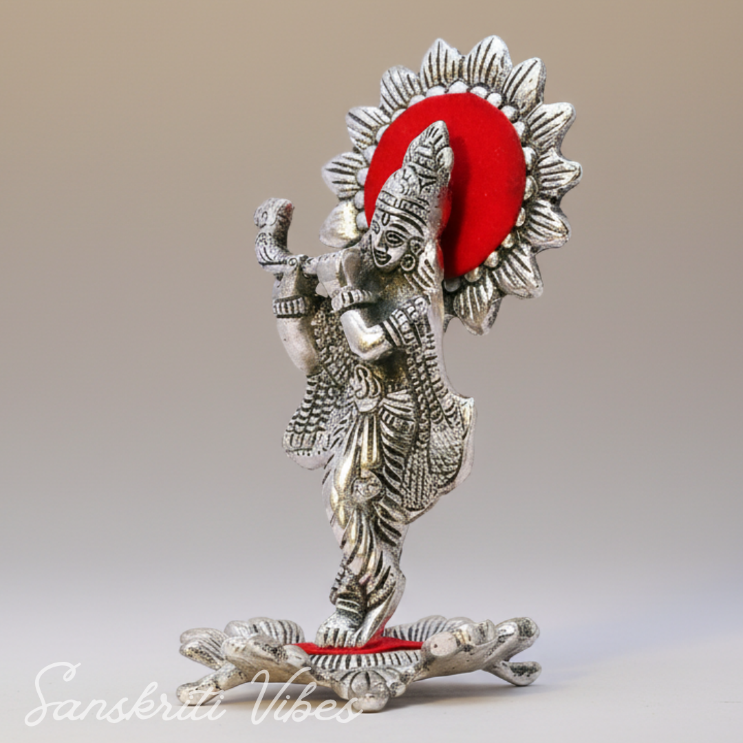 Silver Plated Laddu Krishna Playing Flute Metal Statue for Home and Office Decor Religious Showpiece Gift