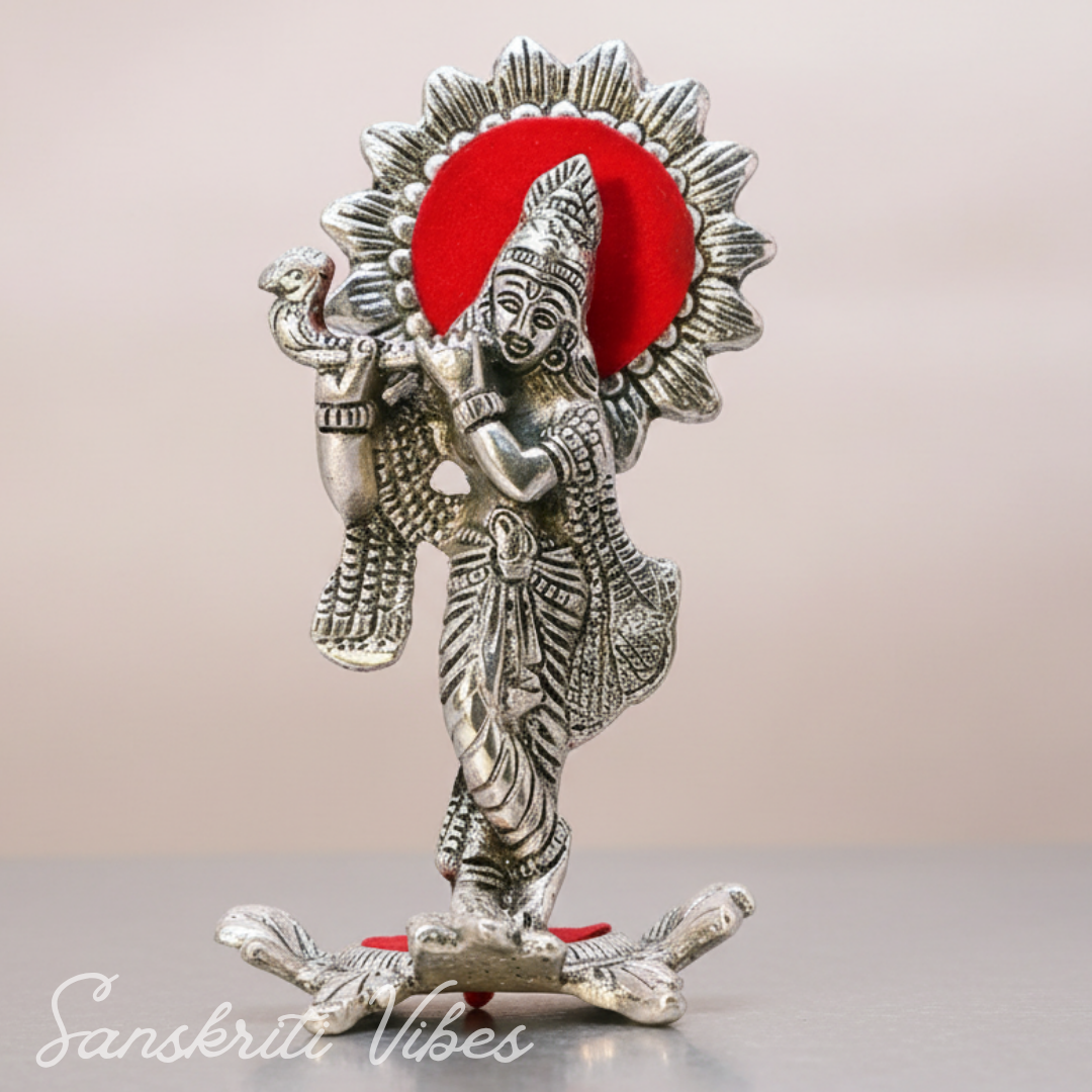 Silver Plated Laddu Krishna Playing Flute Metal Statue for Home and Office Decor Religious Showpiece Gift
