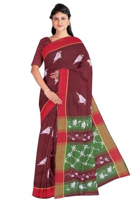 Kantha Cotton Saree – Maroon - Retail Maharaj