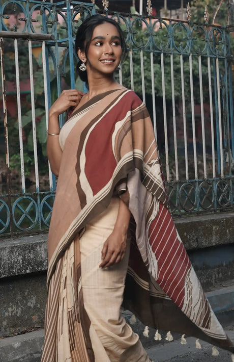 Handwoven Muslin Cotton Saree – Prints in Rust - Retail Maharaj