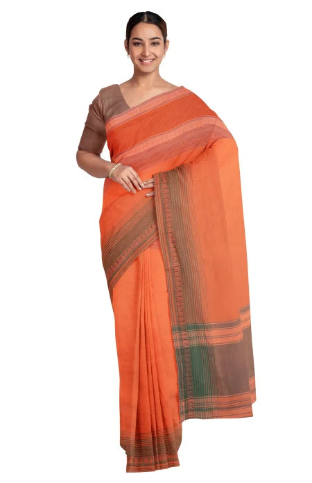 Handwoven Dhaniakhali Cotton Saree – Apricot - Retail Maharaj