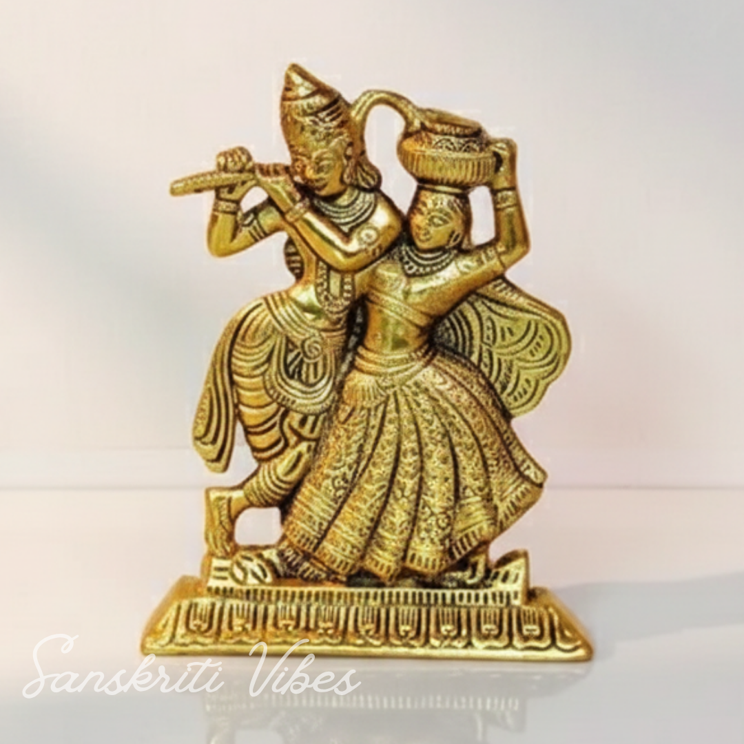 Golden Finish Dancing Radha Krishna Idol Aluminium Decorative Showpiece for Home Decor and Gifting