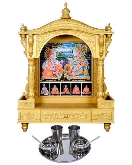 Akshar Deri Ghar Mandir - Sacred Sevan Wood with Golden Polish (37" x 27") - Retail Maharaj