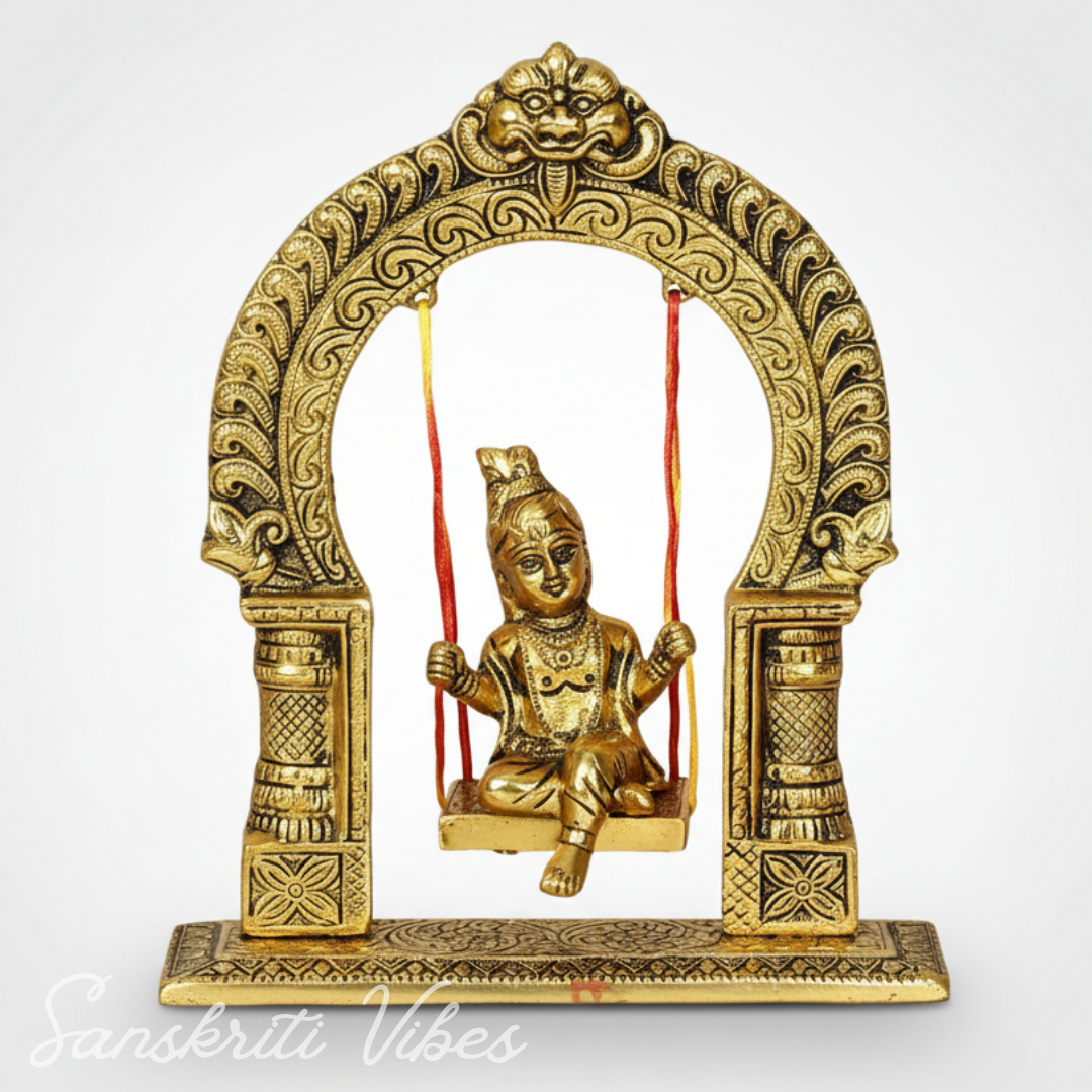 Bal Krishna Jhoola Showpiece for Gifting Metal Handicraft 9 Inches Aluminium Decorative Jhula Idol