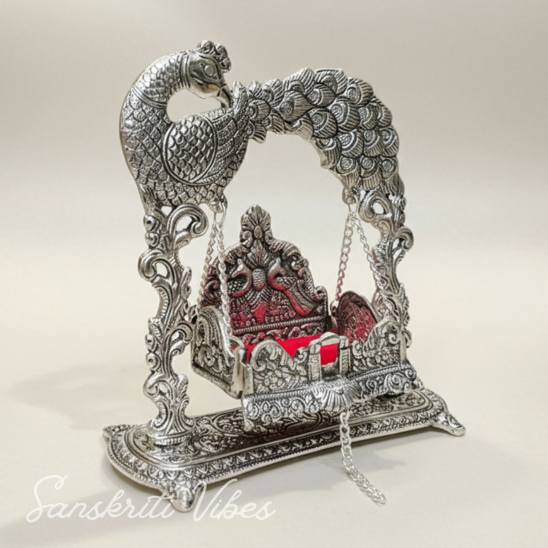 Metal Laddu Gopal Jhula – Silver-Plated Decorative Krishna Palna for Home, Temple, Office & Festive Gifting
