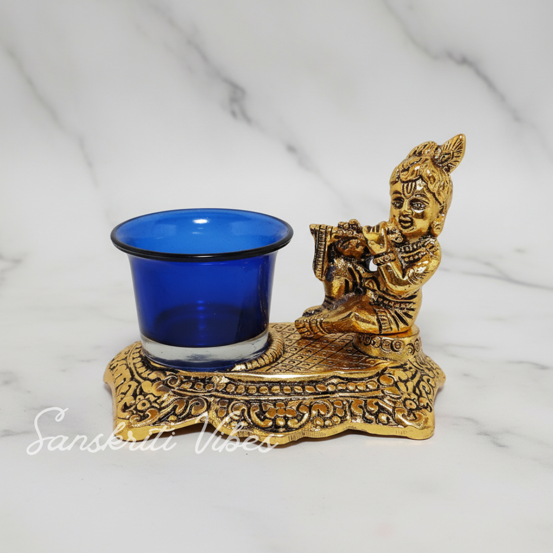 White Metal Gold Plated Krishna Matki Laddu Gopal with Candle Holder Decorative Showpiece 21 cm Brass Idol