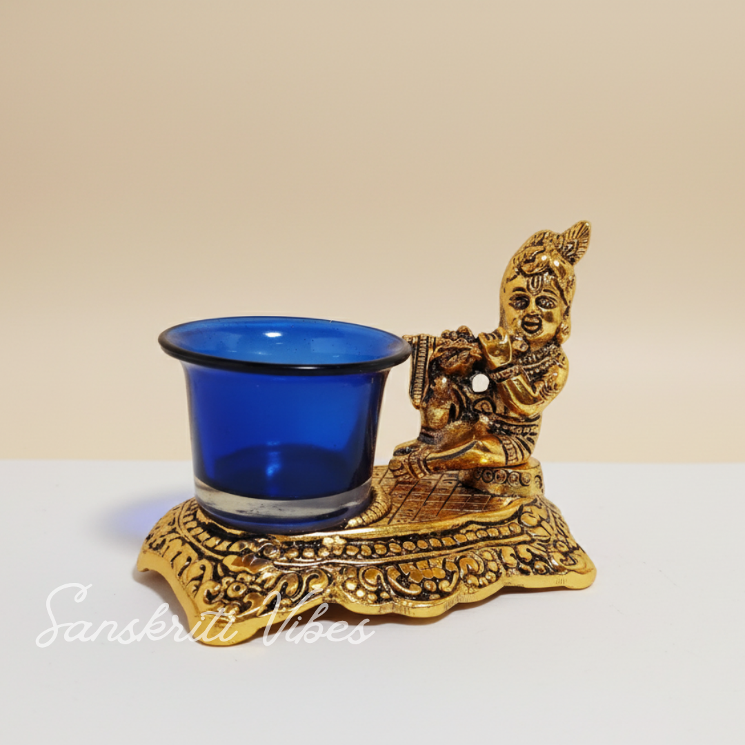 White Metal Gold Plated Krishna Matki Laddu Gopal with Candle Holder Decorative Showpiece 21 cm Brass Idol