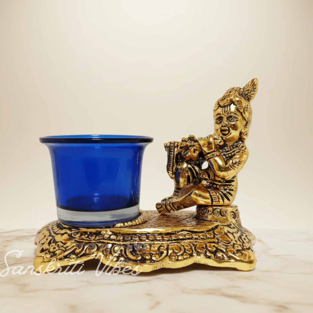White Metal Gold Plated Krishna Matki Laddu Gopal with Candle Holder Decorative Showpiece 21 cm Brass Idol