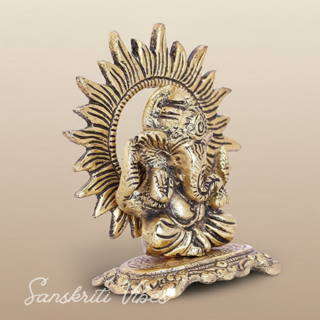 Mini Ganesh Ji With Chakar Antique Finish Metal Ganesha Statue Ganpati Murti Idol For Pooja Home And Office Decor Gold Colour Handcrafted Decorative Showpiece