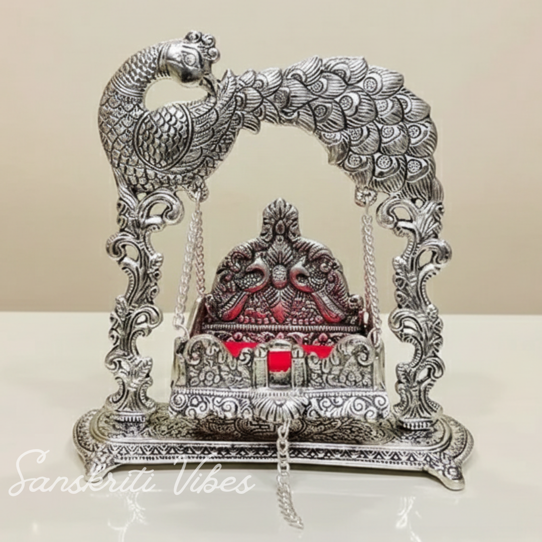 Metal Laddu Gopal Jhula – Silver-Plated Decorative Krishna Palna for Home, Temple, Office & Festive Gifting