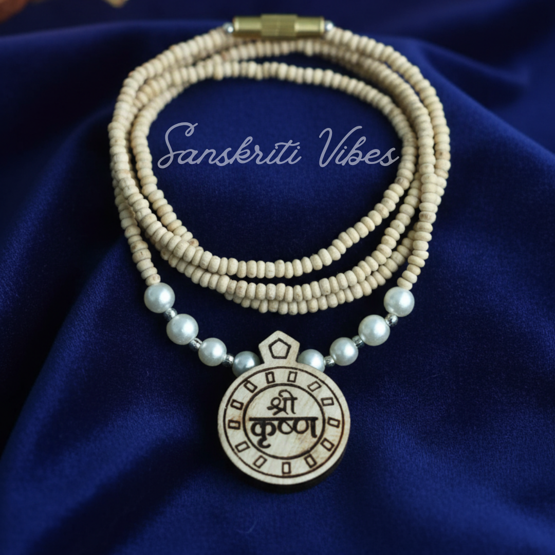 Radha Carved Locket Tulsi Kanthi Mala with Real Pearls | 18-inch Handmade Krishna Necklace | 92.5% Silver Spiritual Jewelry - Retail Maharaj