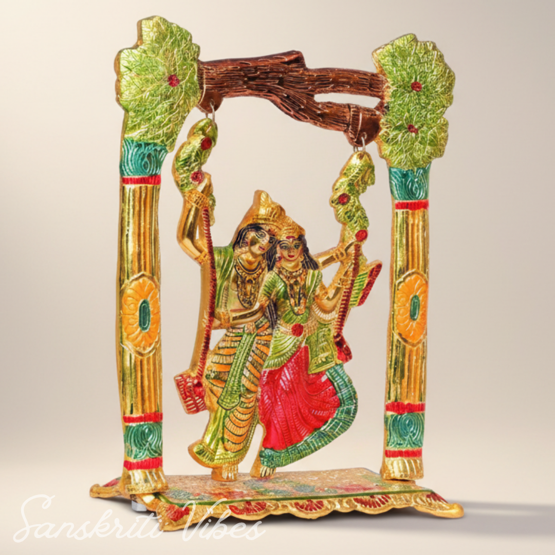 Colourful Radha Krishna Metal Idol on Swing (Jhula) – Glossy Finish Decorative Showpiece for Home Décor & Gifting | Sanskriti Vibes