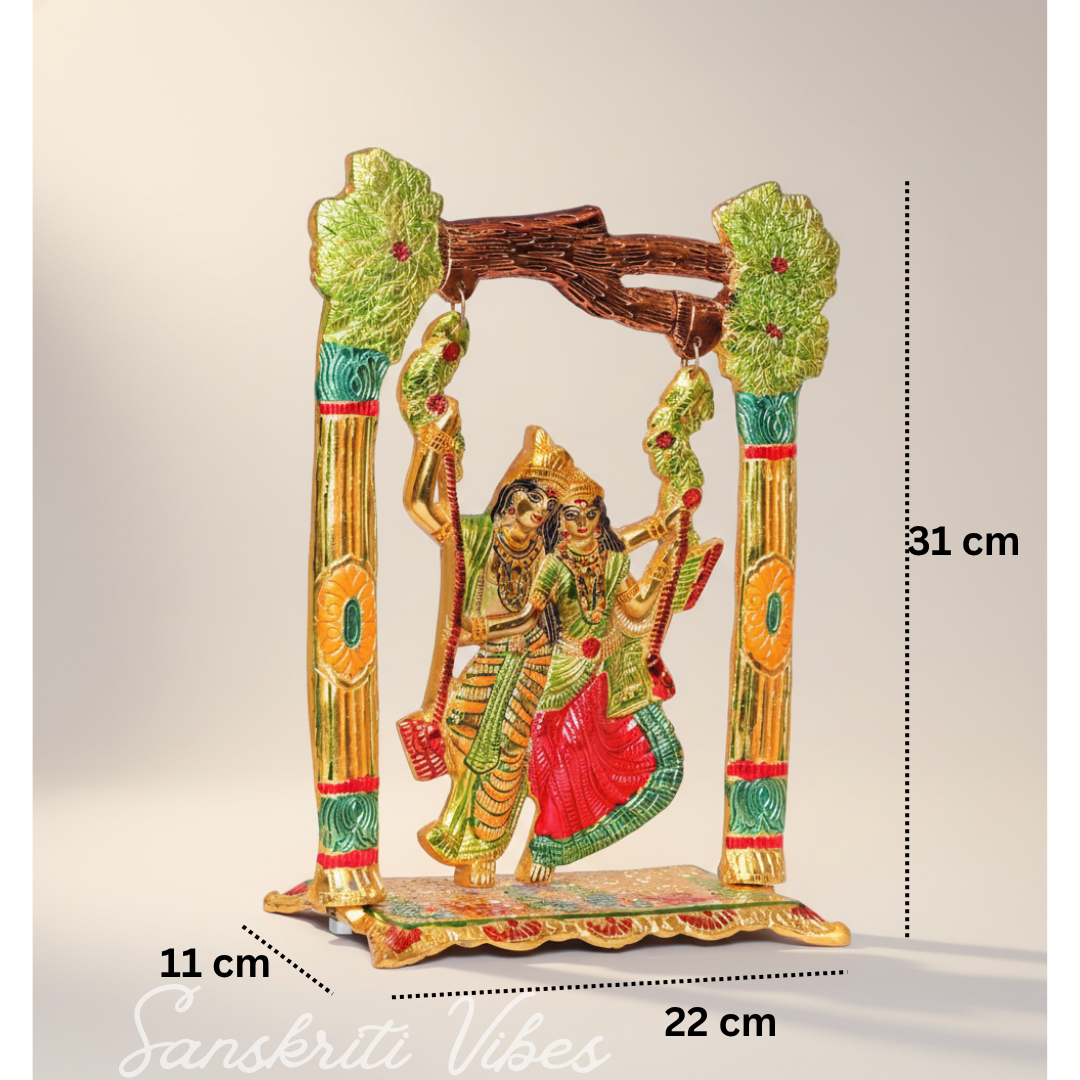 Colourful Radha Krishna Metal Idol on Swing (Jhula) – Glossy Finish Decorative Showpiece for Home Décor & Gifting | Sanskriti Vibes