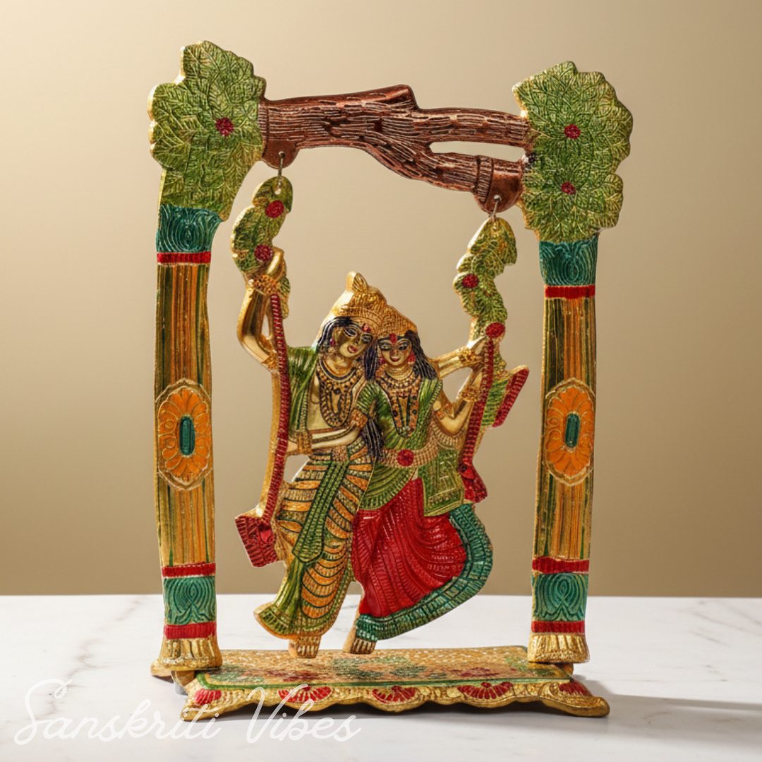 Colourful Radha Krishna Metal Idol on Swing (Jhula) – Glossy Finish Decorative Showpiece for Home Décor & Gifting | Sanskriti Vibes