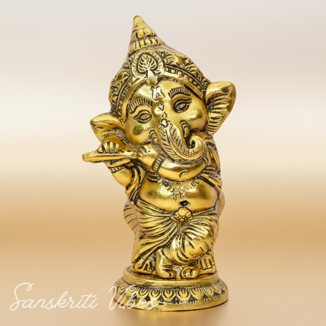 Golden Ganesha Playing Bansuri Ganesh Ji Idol For Gift Diwali Gift Set Home Decor Murti Decorative Showpiece 15 Cm Aluminium Handcrafted Ganpati Statue