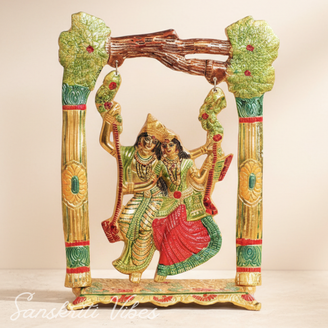 Colourful Radha Krishna Metal Idol on Swing (Jhula) – Glossy Finish Decorative Showpiece for Home Décor & Gifting | Sanskriti Vibes