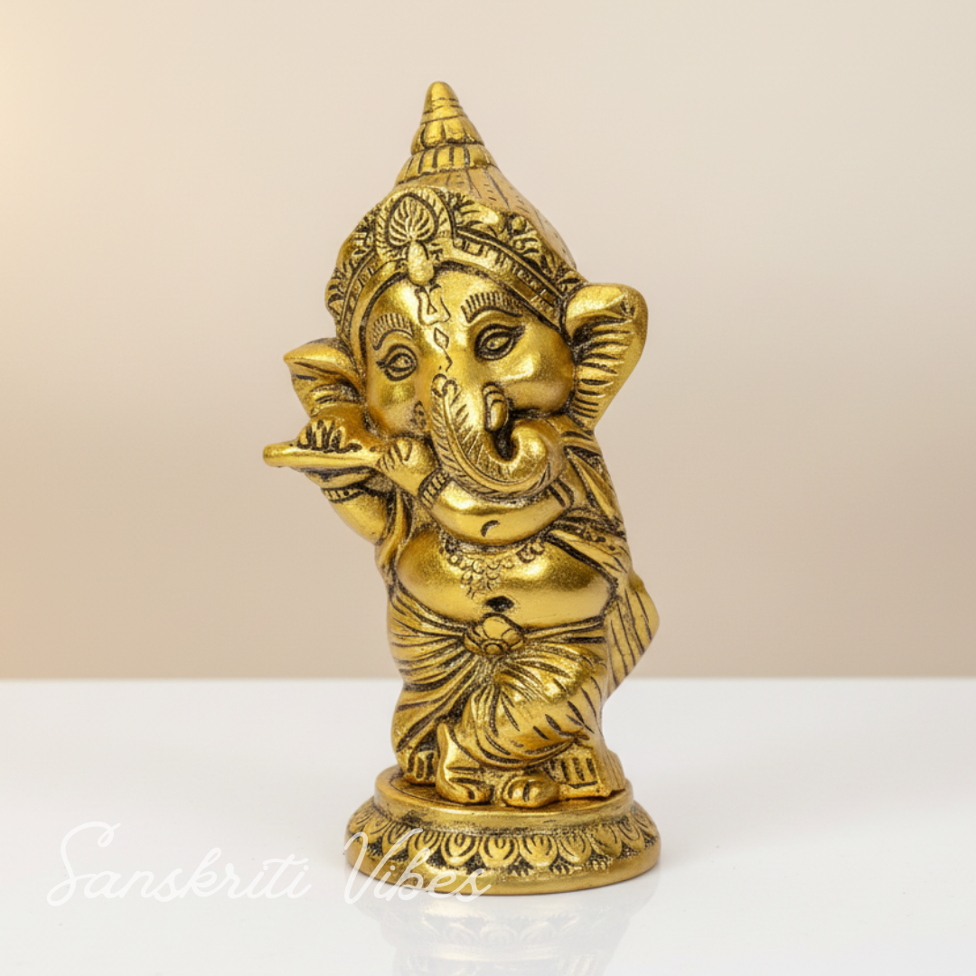 Golden Ganesha Playing Bansuri Ganesh Ji Idol For Gift Diwali Gift Set Home Decor Murti Decorative Showpiece 15 Cm Aluminium Handcrafted Ganpati Statue