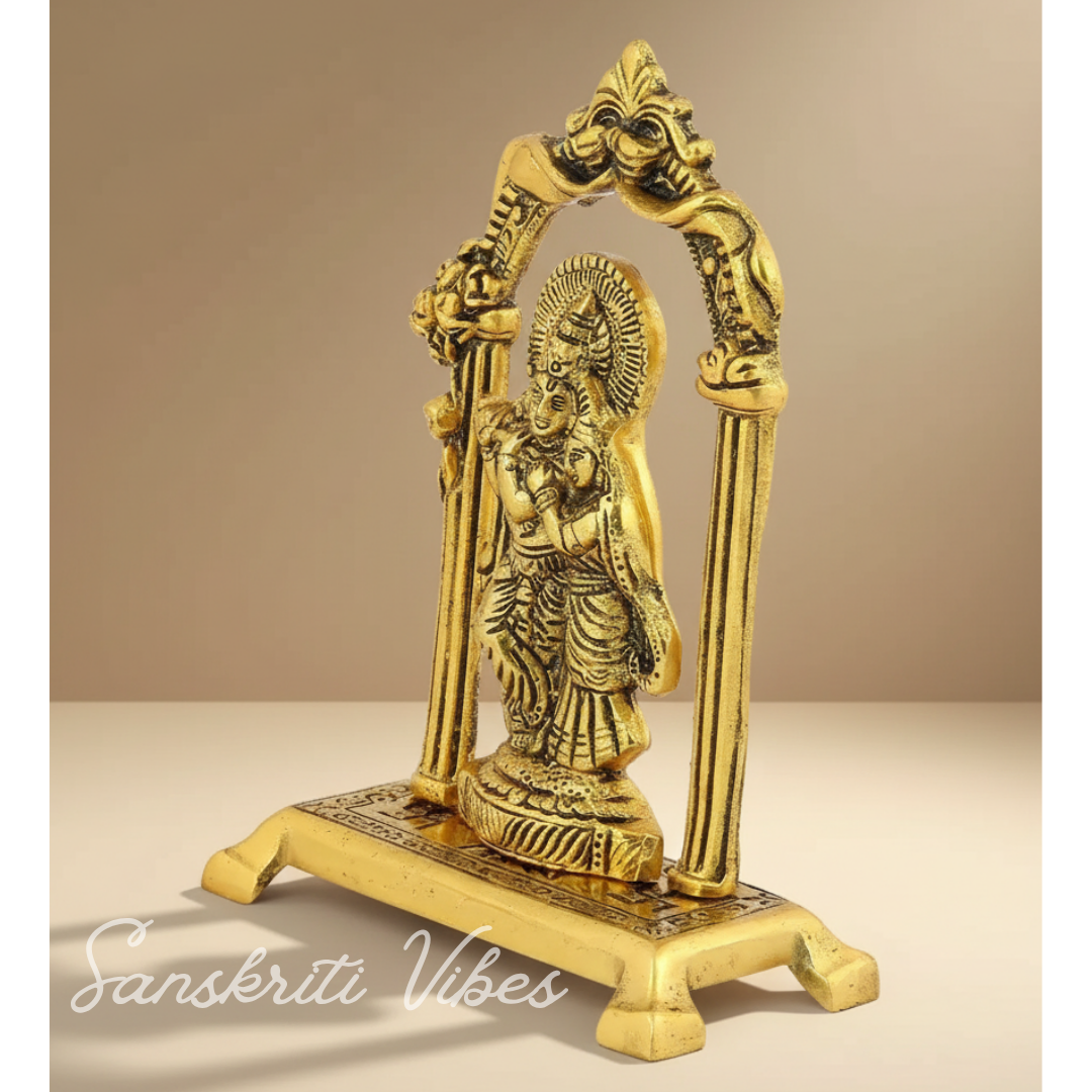 Radha Krishna Standing Under Mehrab – Glossy Aluminium Metal Handicraft Showpiece for Home Décor & Gifting |
