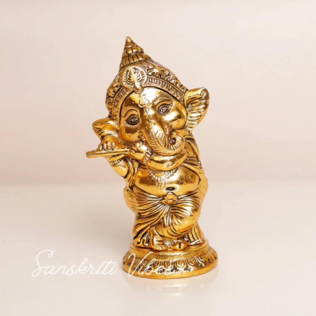 Metal Ganesha Playing Flute Murti Aluminium Ganpati Statue For Home Decor Pooja Room And Gifting