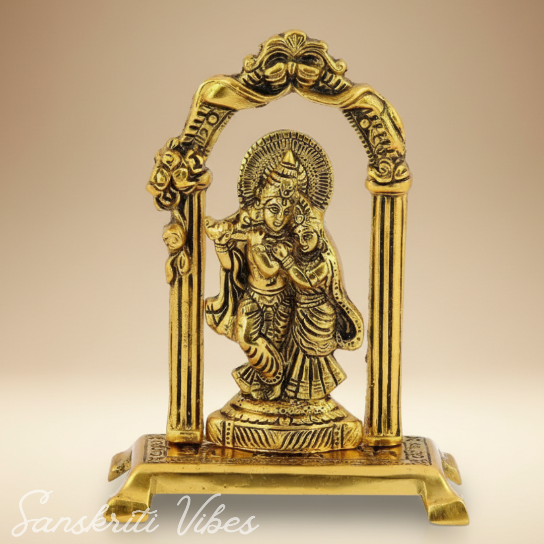 Radha Krishna Standing Under Mehrab – Glossy Aluminium Metal Handicraft Showpiece for Home Décor & Gifting |