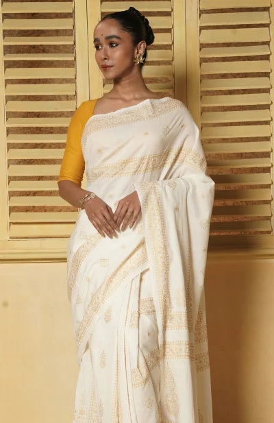Handwoven Muslin Cotton Saree – Hand Block Printed with Metallic Gold - Retail Maharaj