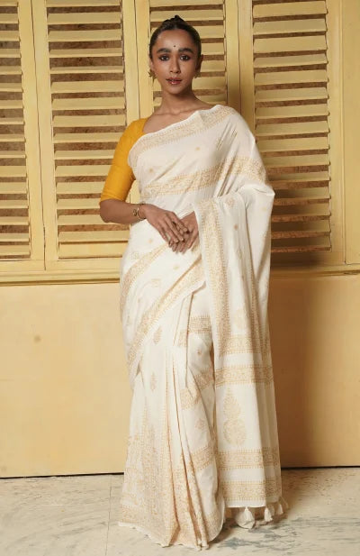 Handwoven Muslin Cotton Saree – Hand Block Printed with Metallic Gold - Retail Maharaj