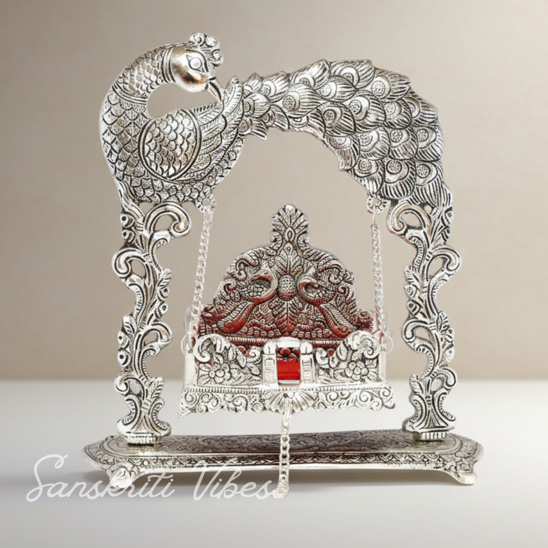 Metal Laddu Gopal Jhula – Silver-Plated Decorative Krishna Palna for Home, Temple, Office & Festive Gifting