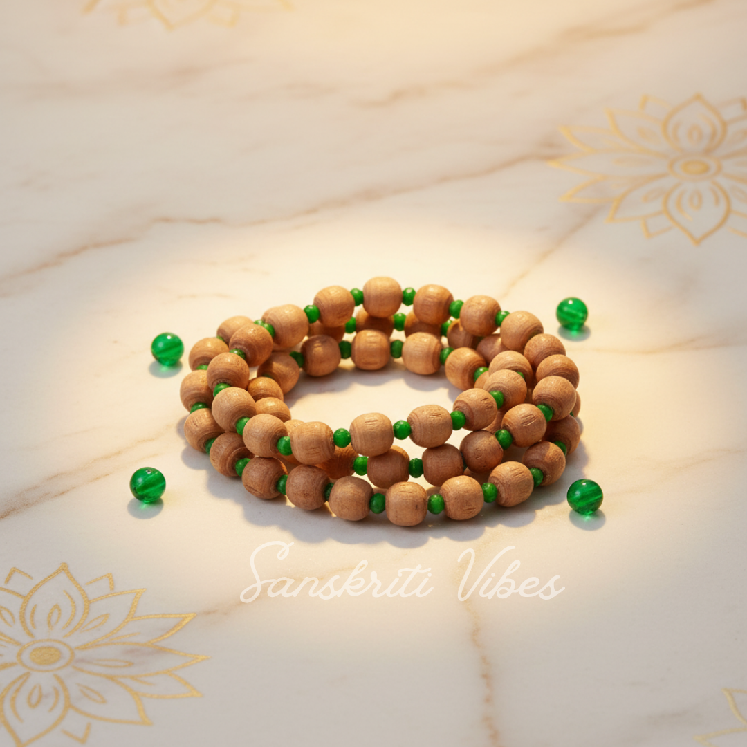 One Round Tulsi Beads Kanthi Mala with Green Crystal – Premium Quality - Retail Maharaj