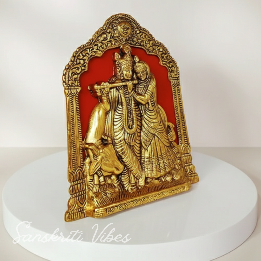 Golden Finish Radha Krishna Idol with Cow – Aluminium Showpiece for Table & Wall Hanging Decorative Home Décor