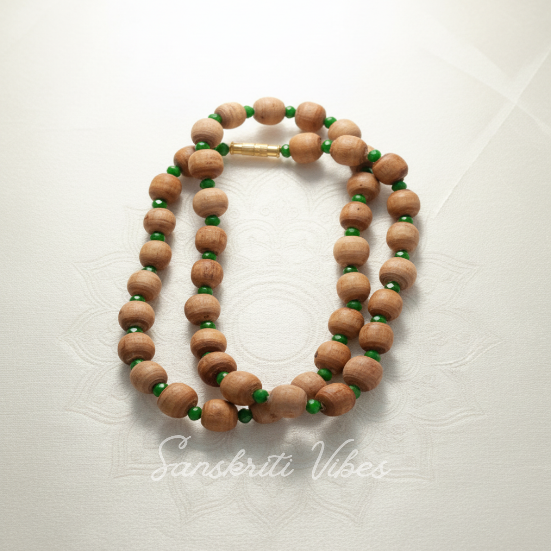 One Round Tulsi Beads Kanthi Mala with Green Crystal – Premium Quality - Retail Maharaj
