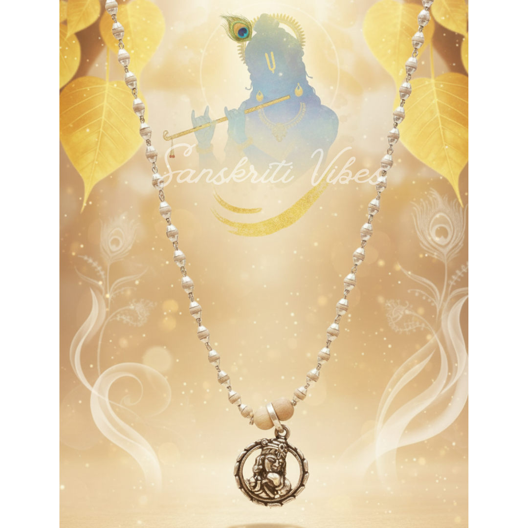 Krishna Silver Pendant in Tulsi Silver Mala – 24 Inch 92.5% Pure Silver Spiritual Necklace - Retail Maharaj