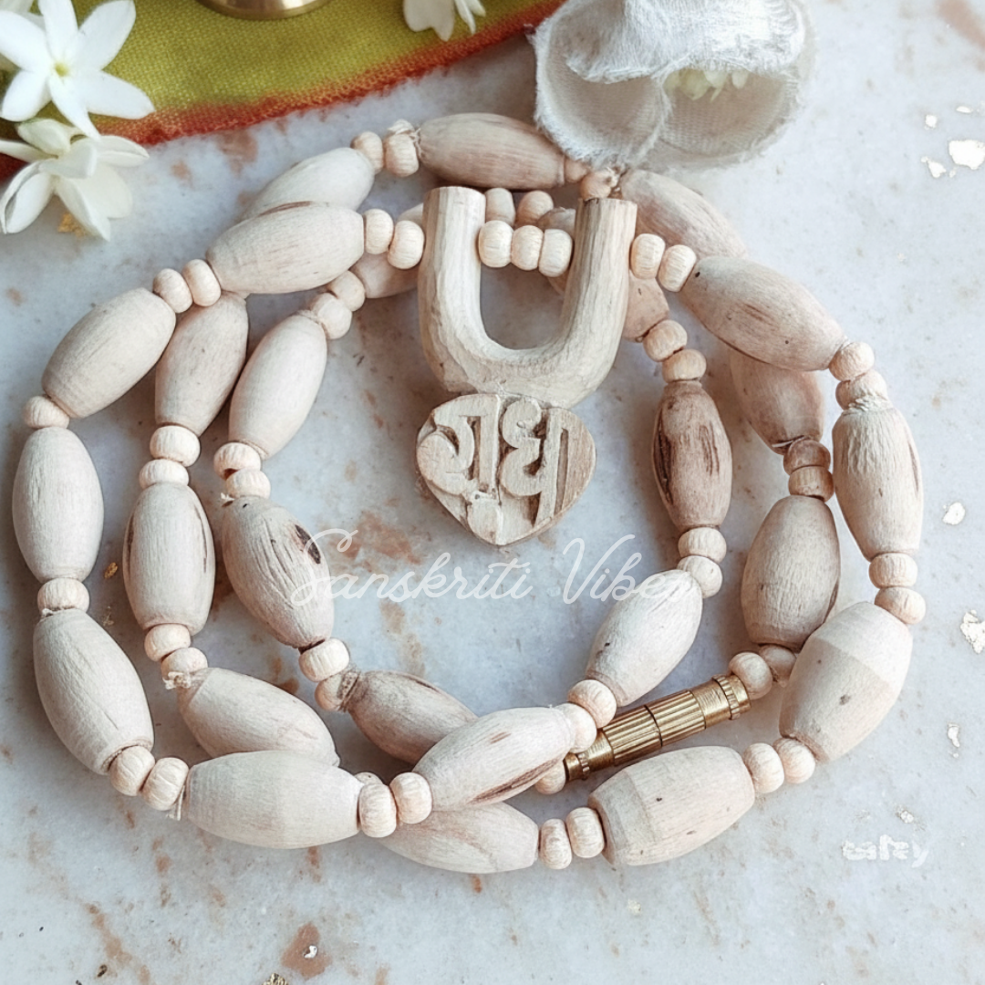 Shri Radha Tilak Design Tulsi Locket Mala – Sacred Prayer Beads for Divine Devotion - Retail Maharaj