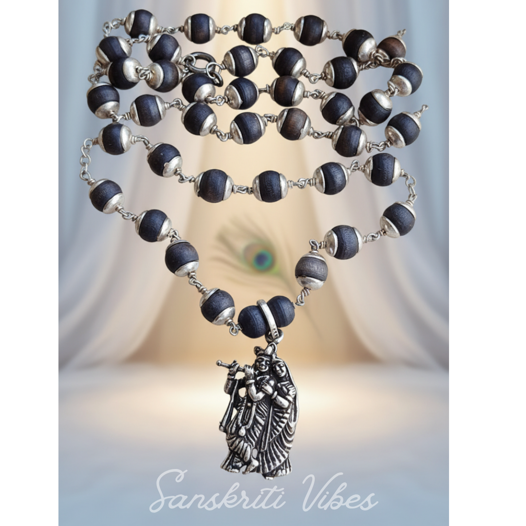 Jugal Jodi Silver Pendant with Black Silver Tulsi Chain Mala – 20 Inch 92.5% Pure Silver Devotional Necklace - Retail Maharaj