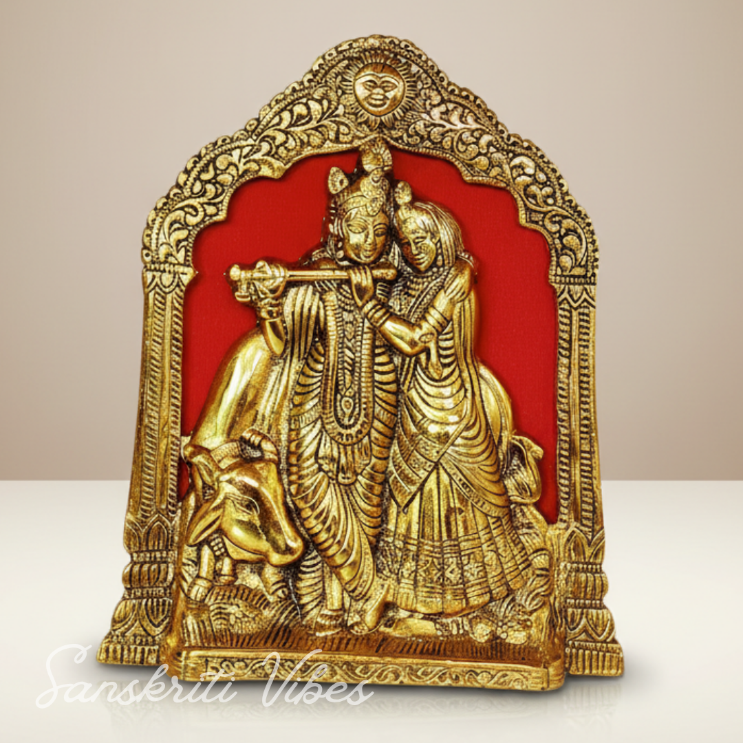 Golden Finish Radha Krishna Idol with Cow – Aluminium Showpiece for Table & Wall Hanging Decorative Home Décor