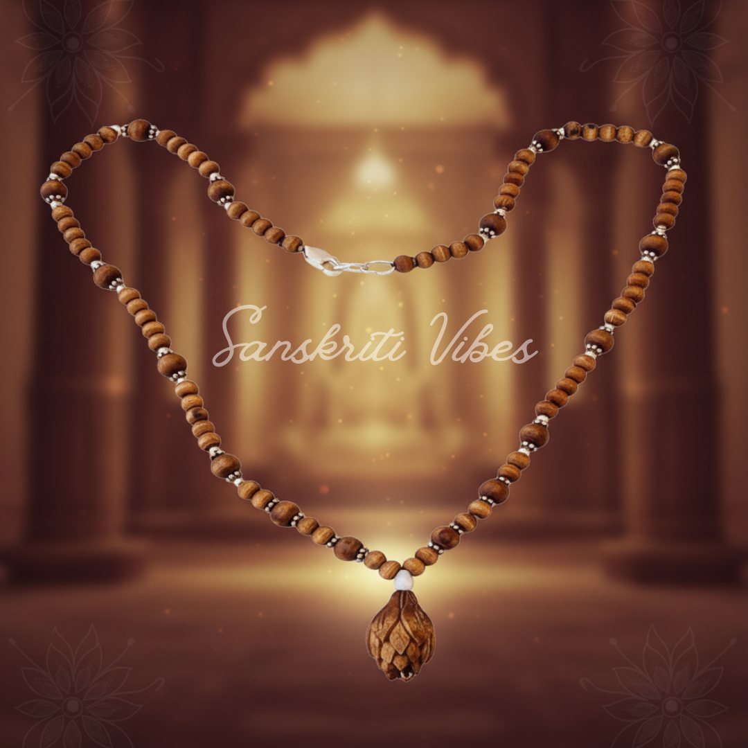 Lotus Beads Silver Tulsi Kanthi Mala | Handmade Spiritual Tulsi Necklace for Meditation & Devotional Wear