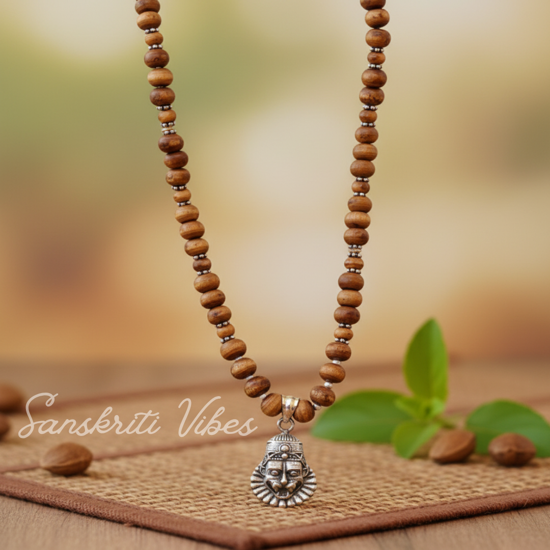 Silver Narasimha Locket Tulsi Kanthi Mala | Handcrafted Devotional Necklace with Original Tulsi Beads for Spiritual Protection - Retail Maharaj