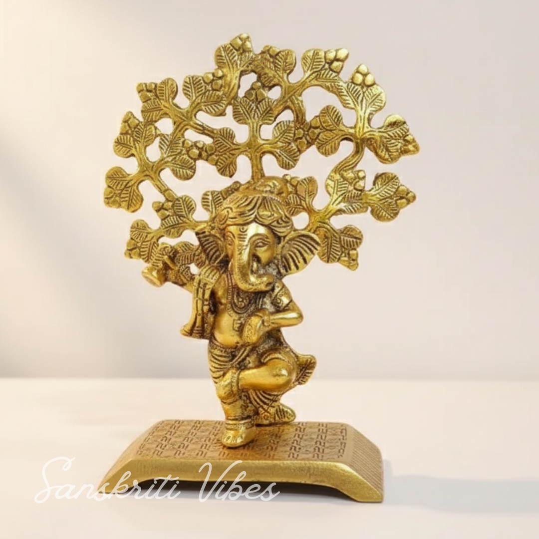 Metal Ganesha Statue Playing Damru Standing Under Tree Aluminium Ganpati Murti For Home Decor Pooja Room And Gift Purpose