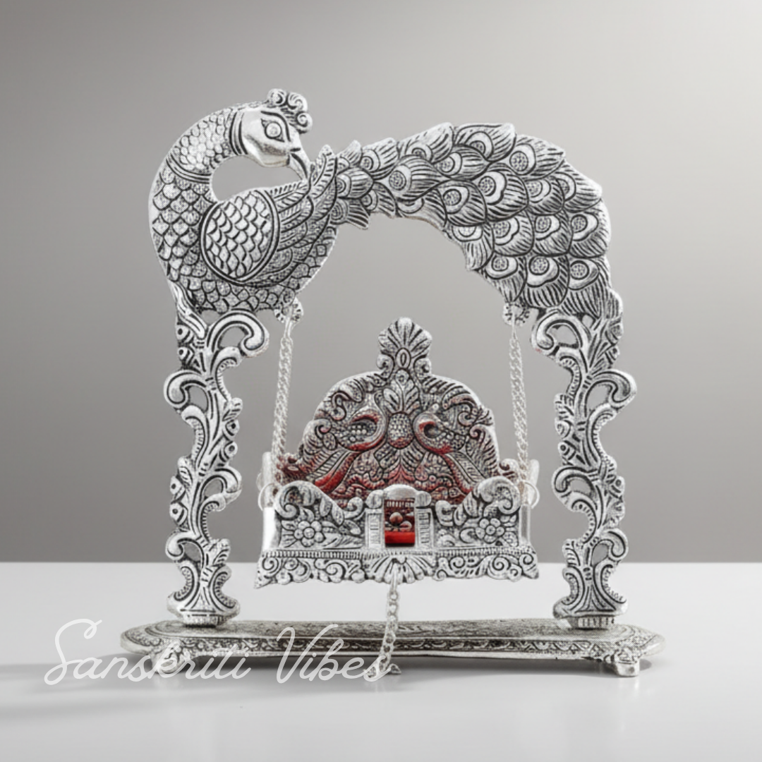 Metal Laddu Gopal Jhula – Silver-Plated Decorative Krishna Palna for Home, Temple, Office & Festive Gifting
