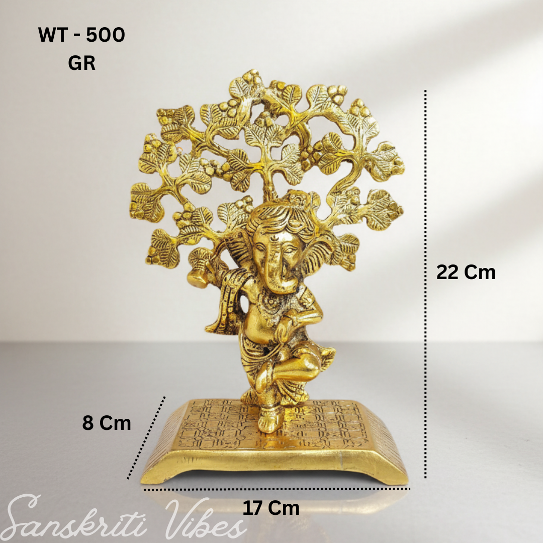 Metal Ganesha Statue Playing Damru Standing Under Tree Aluminium Ganpati Murti For Home Decor Pooja Room And Gift Purpose