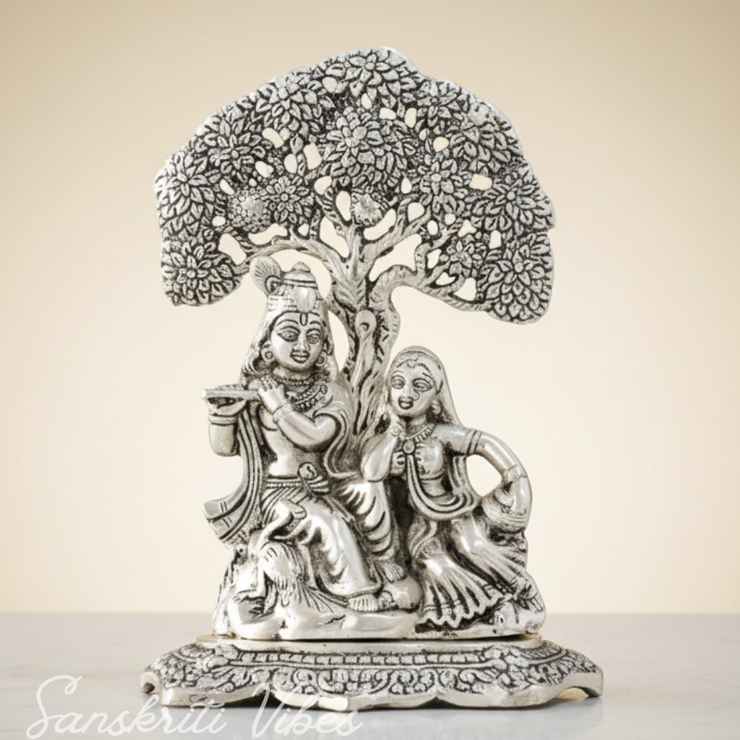 Metal Radha Krishna Idol Under Tree | Silver Decorative Showpiece Statue for Puja Room, Home & Office Desk – 18 cm Spiritual Gift