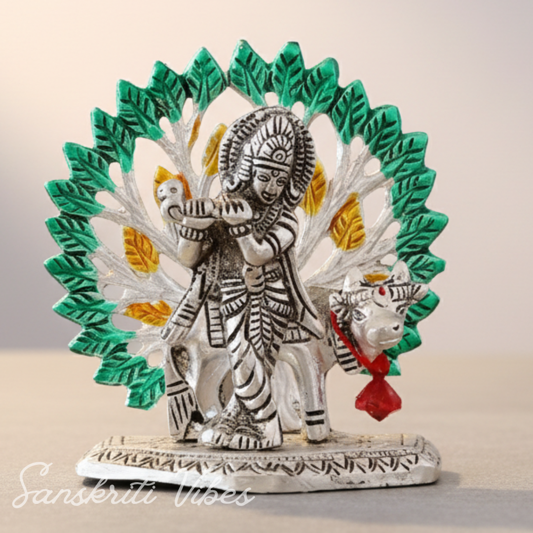 Silver-Plated Metal Kalpavriksha Tree with Cow & Krishna Idol | Home Decorative Religious Showpiece for Puja Room & Gifting