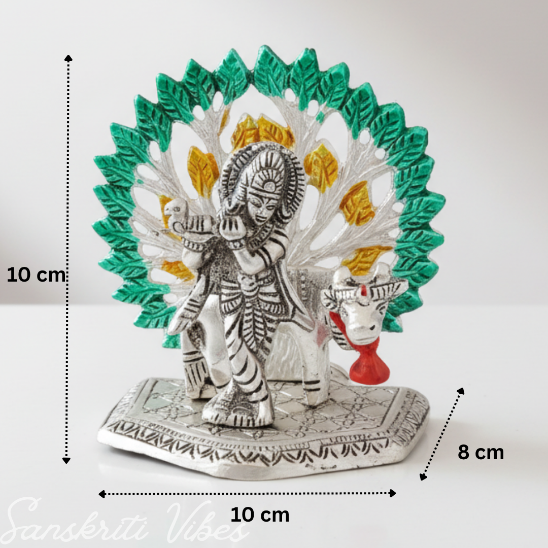 Silver-Plated Metal Kalpavriksha Tree with Cow & Krishna Idol | Home Decorative Religious Showpiece for Puja Room & Gifting
