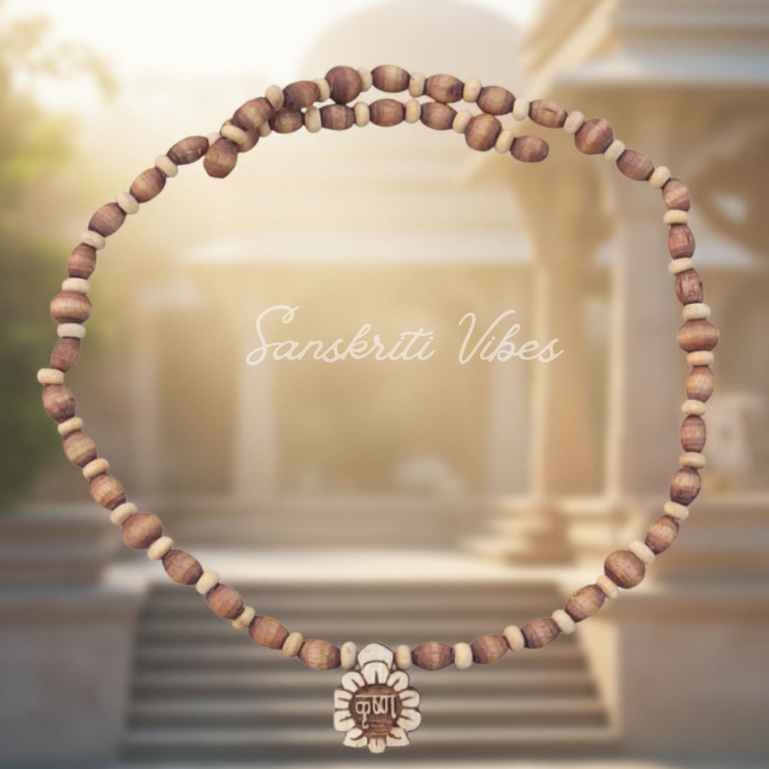 Krishna Flower Locket with Wheat Shaped Beaded Tulsi Kanthi Mala – Sacred Prayer Beads for Devotion - Retail Maharaj