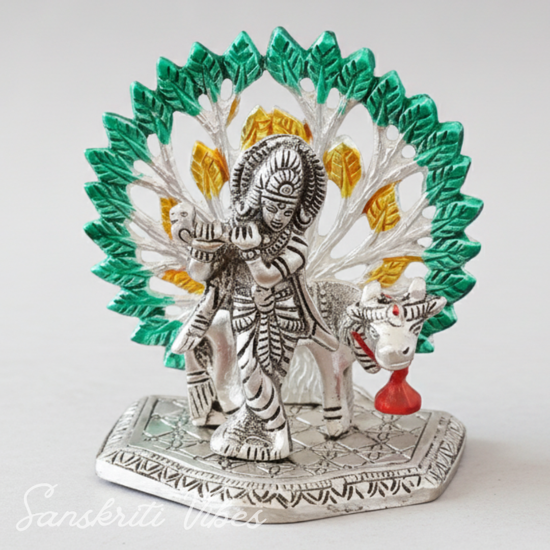 Silver-Plated Metal Kalpavriksha Tree with Cow & Krishna Idol | Home Decorative Religious Showpiece for Puja Room & Gifting