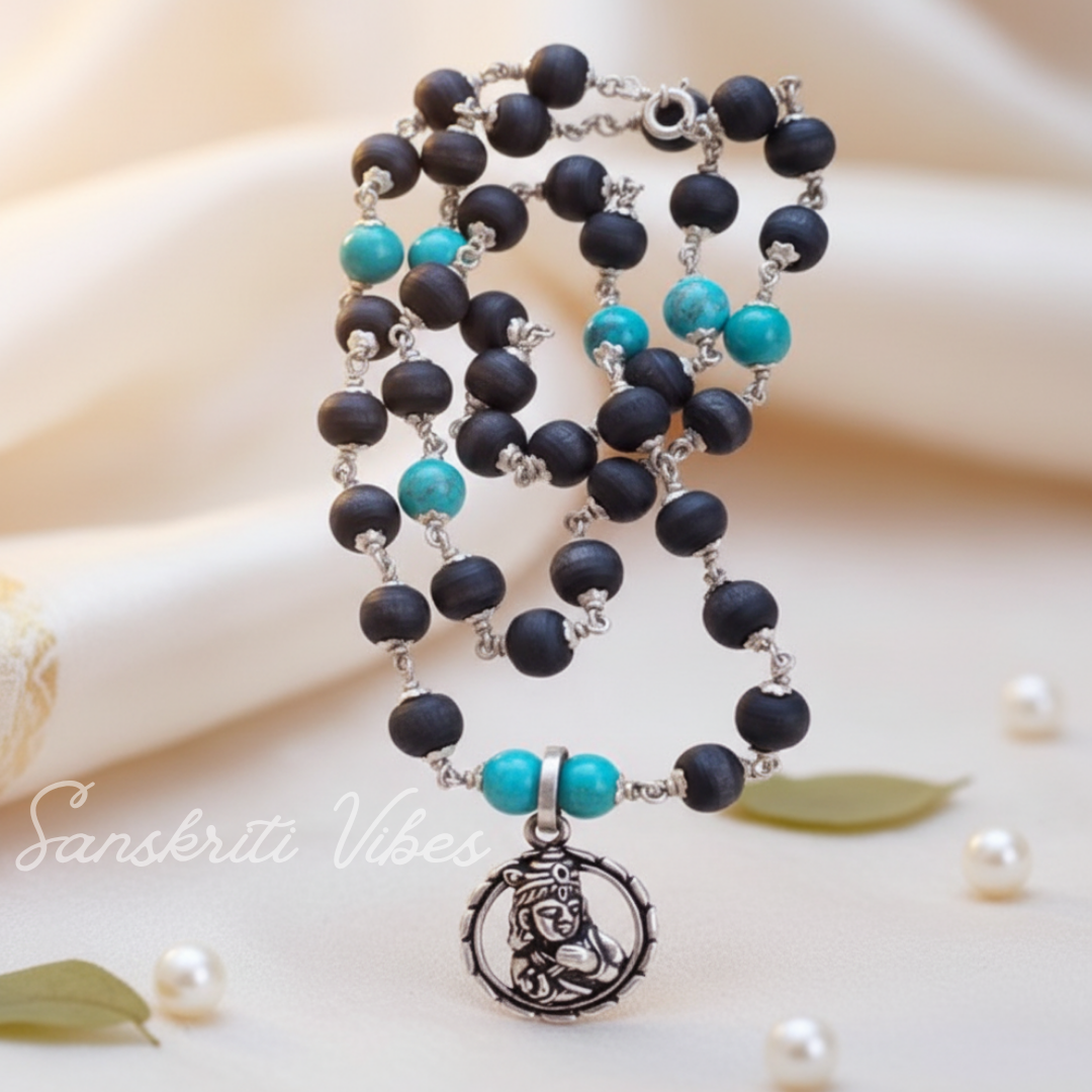 Krishna Bliss Silver Pendant Necklace | Handcrafted Tulasi & Pearl Devotional Mala for Spiritual Meditation