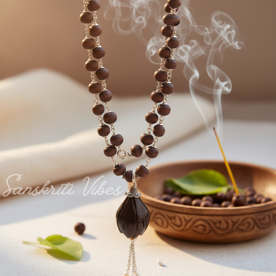 Lotus Beads Silver Tulsi Kanthi Necklace Mala | Handcrafted Spiritual Tulsi Devotional Necklace
