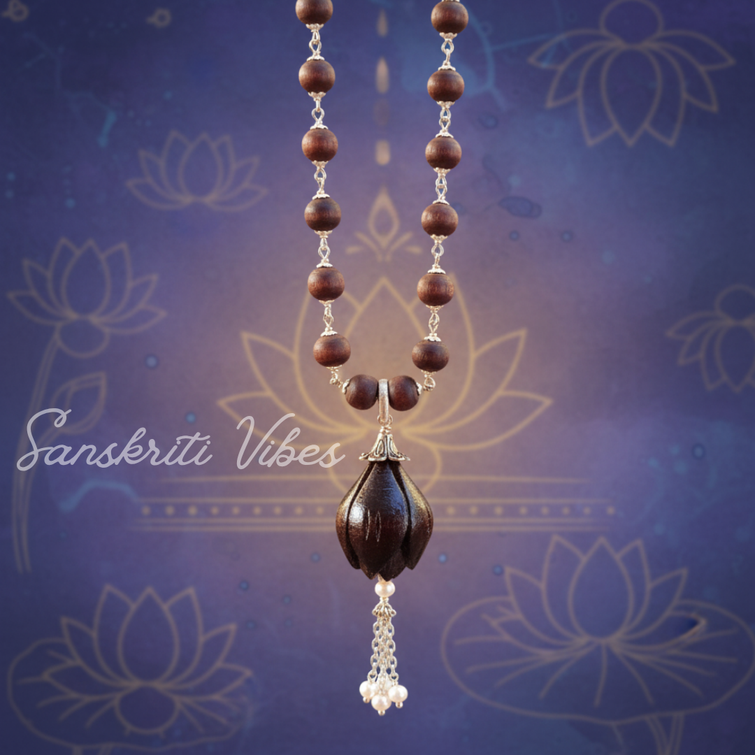 Lotus Beads Silver Tulsi Kanthi Necklace Mala | Handcrafted Spiritual Tulsi Devotional Necklace