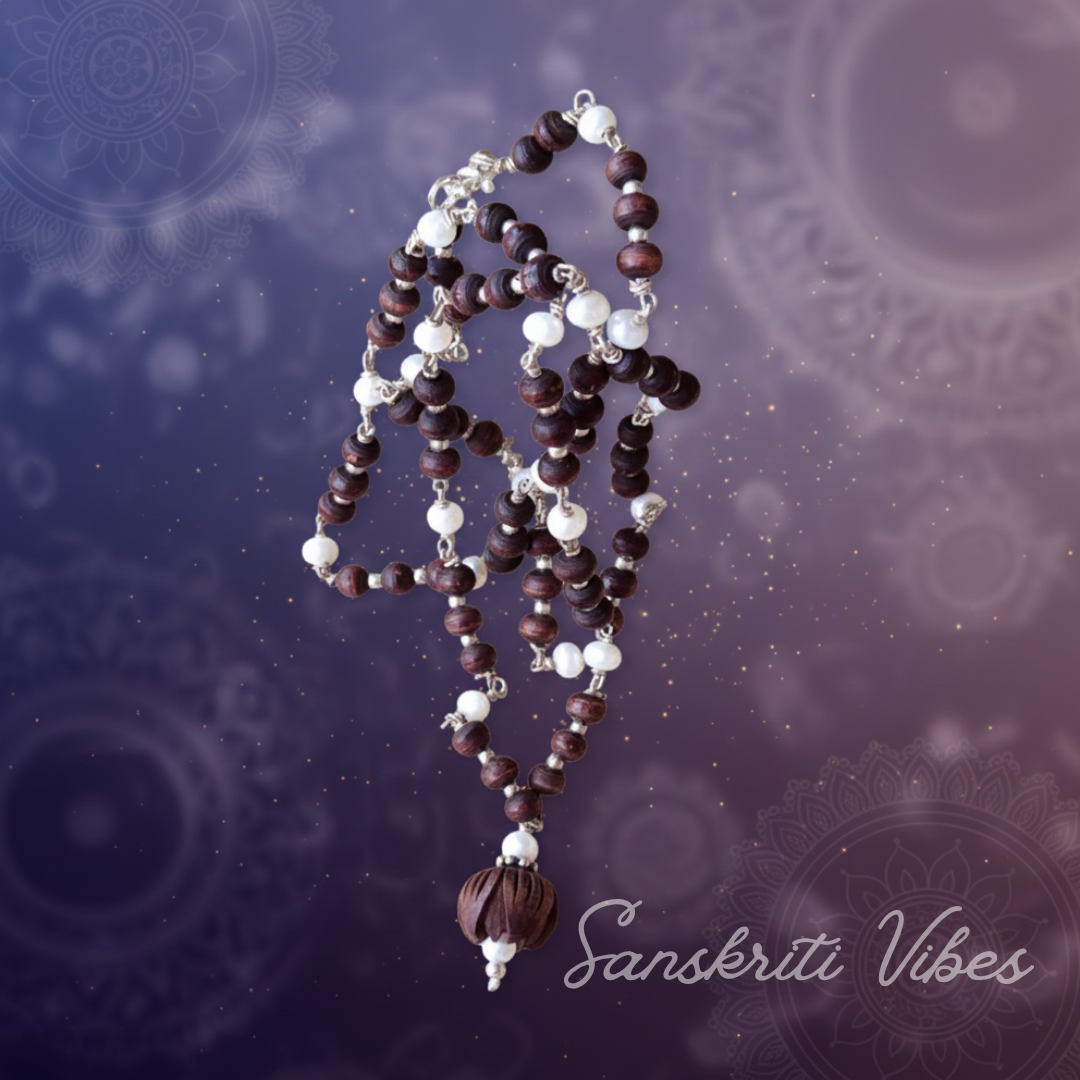 Lotus Beads Silver Tulsi Necklace Kanthi Mala | Handcrafted Spiritual Tulsi Devotional Necklace for Meditation & Prayer - Retail Maharaj