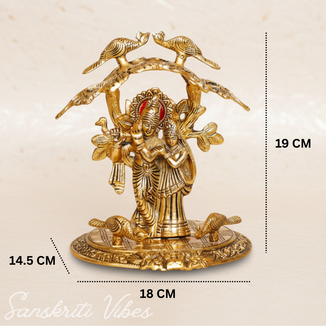 Radha Krishna Standing Under Tree Playing Flute | Gold Antique Metal Idol Statue for Pooja Room & Home Décor