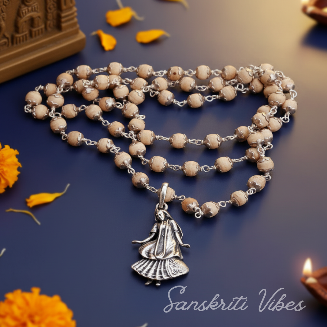 Shri Radha Rani Sterling Silver Tulsi Necklace Mala | Handcrafted Devotional Necklace for Meditation & Spiritual Wear - Retail Maharaj